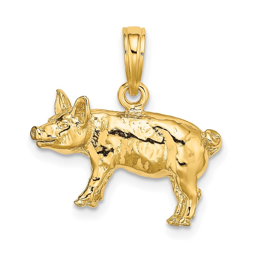 14k Yellow Gold 3-D Textured Farm Farm Animal Pig Piglet Necklace Charm Pendant